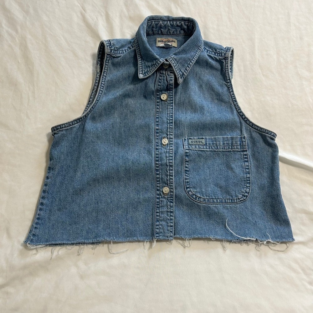 Vintage Guess Jeans Womens Small Cropped Denim Vest‎ Sleeveless Button Down Blue